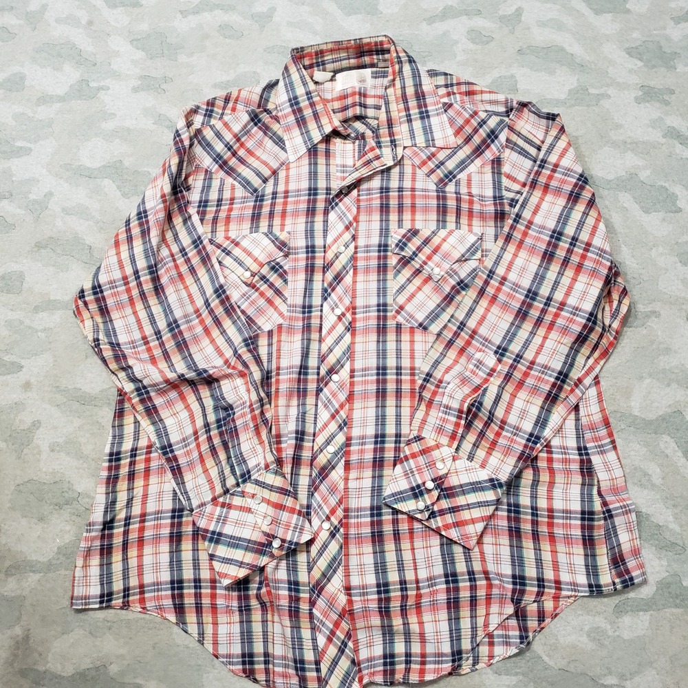 VTG Miller Western Wear Shirt Mens 16.5 Multicolor Plaid Pearl Snap Long Sleeve